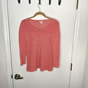 L.L. Bean Women's Coral Pointelle Open Knit Button-Up Cardigan Medium Petite